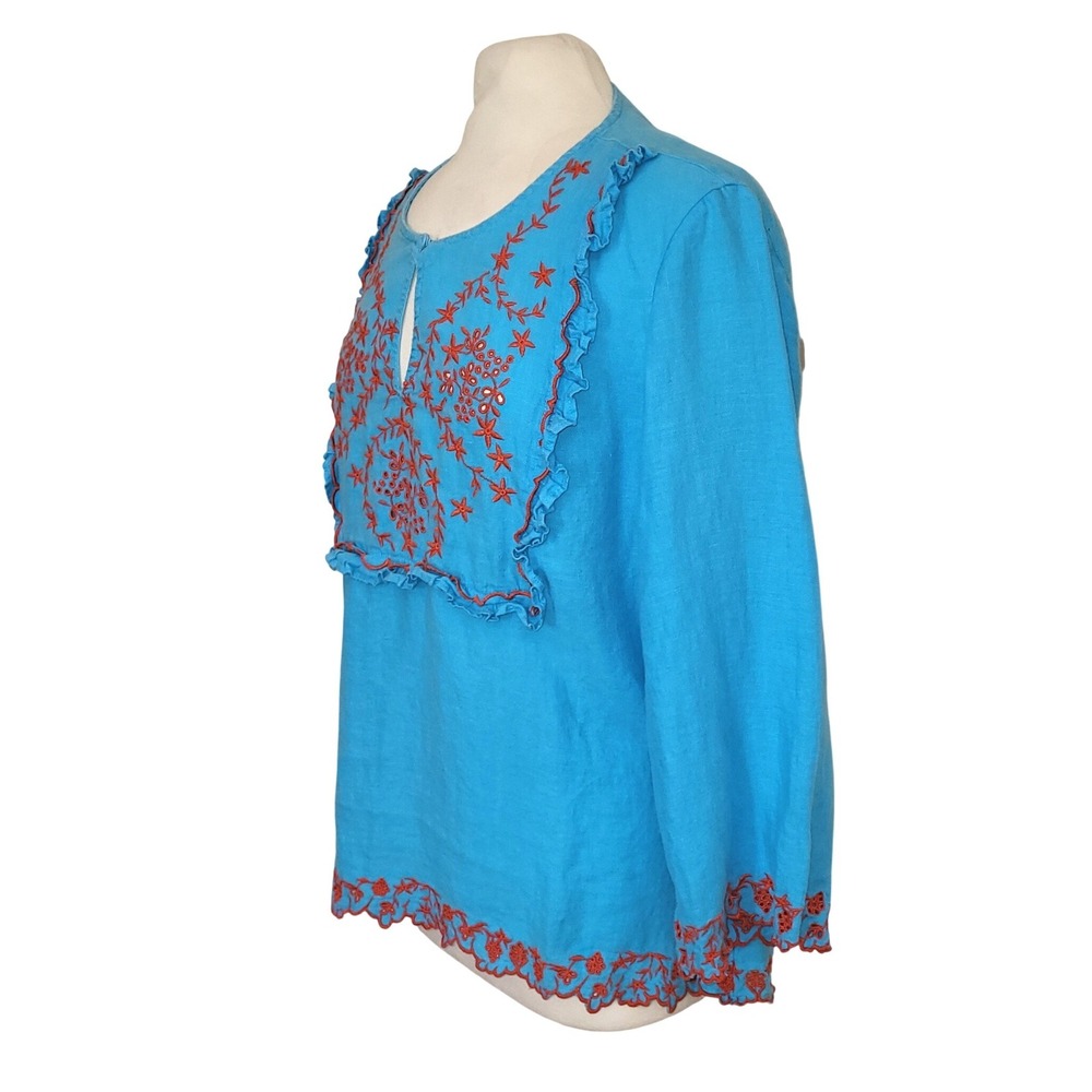 J. Crew Aqua Blue Red Embroidered 100% Linen Boho Peasant Hippie Tunic Blouse XL - Picture 4 of 10